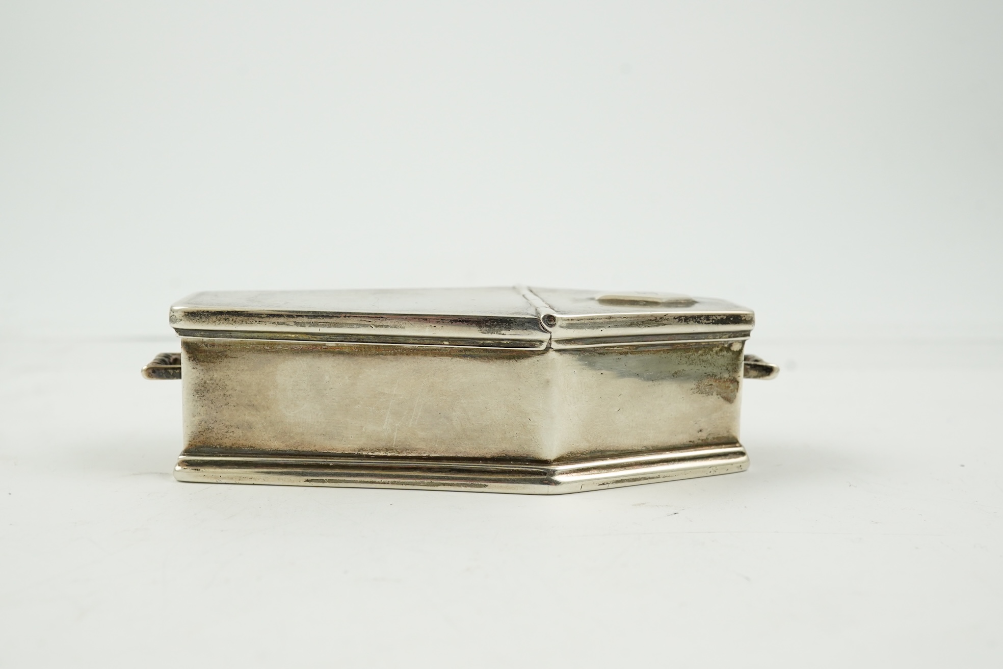 A George VI novelty silver snuff box, modelled as coffin with two handles and an 'RIP' appliqué, maker HW